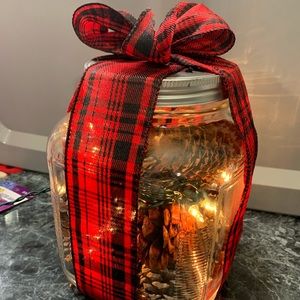 Lighted glass canister with pine cones